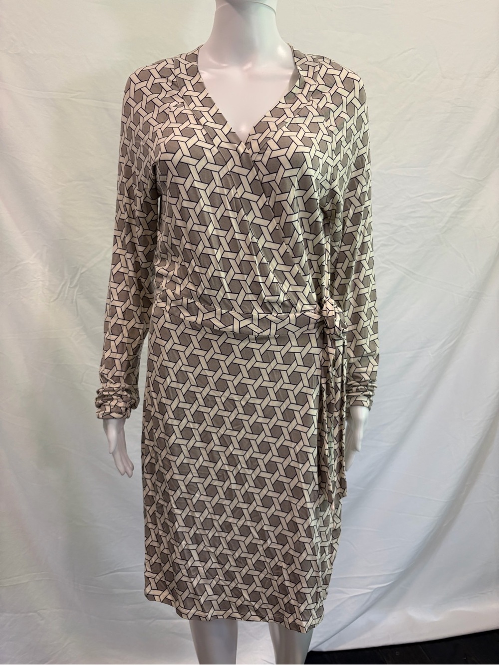Tart Beige and White Geometric Wrap-Style Long Sleeve Dress